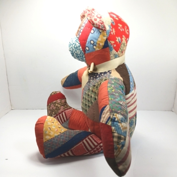 ANTIQUE HANDMADE Crazy Patchwork Fabric Stuffed Teddy Bear Freshly Dry Cleaned - Picture 3 of 11